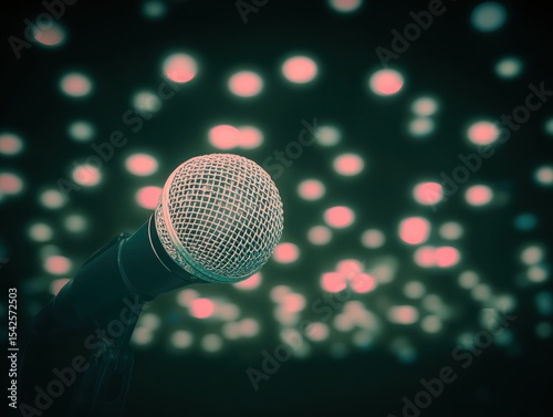 Close-up microphone in a darkened room with a bokeh effect