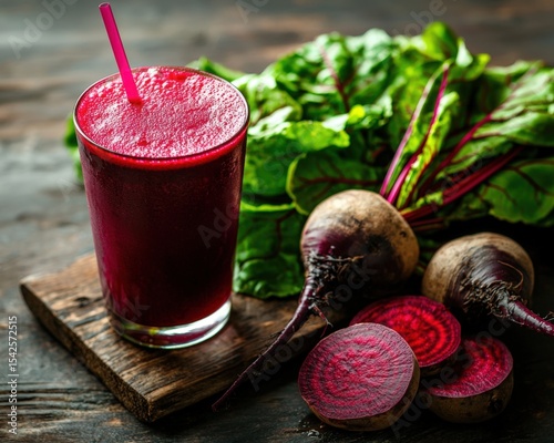 Fresh beetroot juice with leafy greens and whole beets next to a glass of vibrant beetroot smoothie on a rustic wooden surface