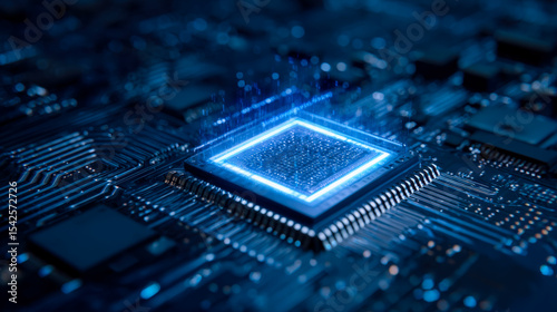 Close-up of a glowing blue microprocessor chip on a circuit board with digital data streams