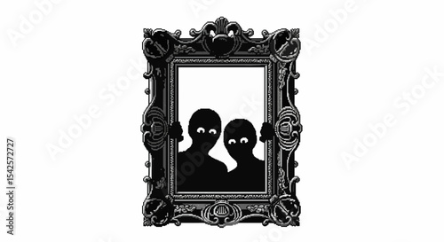 The two silhouette of an ornate portrait frame, but with two eyes peering out from the darkness within