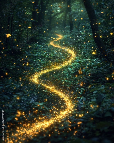 Enchanted forest path illuminated by glowing fireflies and sparkling light trail