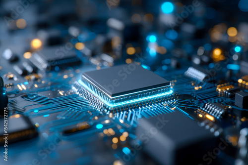 Close-up of a computer circuit board with illuminated microchip and electronic components