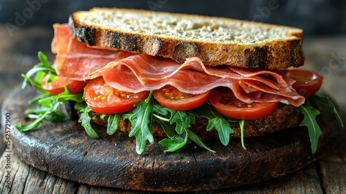 Fresh ham and tomato sandwich with arugula on rustic bread