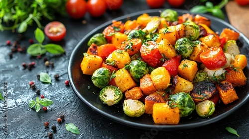 Colorful roasted vegetable medley on a black plate with fresh herbs