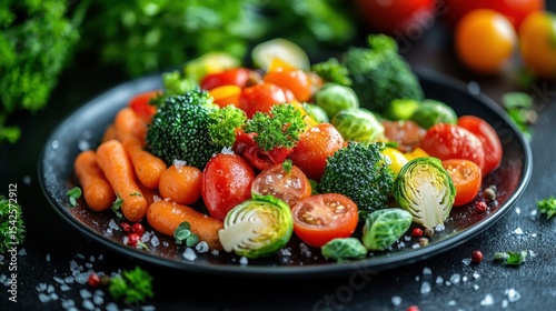 Fresh colorful vegetable salad with cherry tomatoes, broccoli, carrots, and greens on a black plate