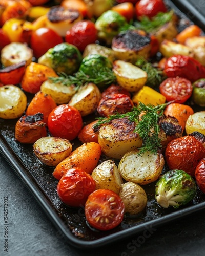 Roasted mixed cherry tomatoes and baby potatoes with herbs on a baking tray