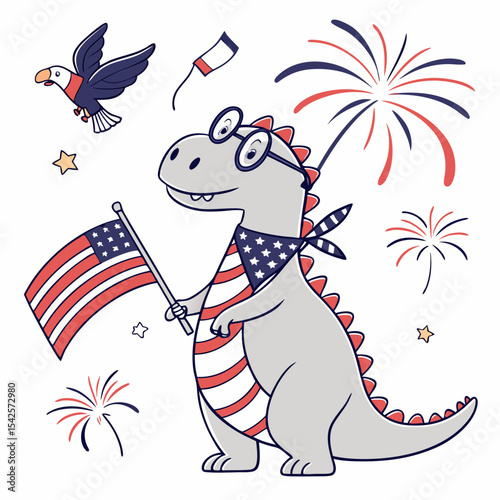 Content Dinosaur with wearing glasses, set in a charming Independence Day (4th of July) theme – Patriotic Spark color vector art