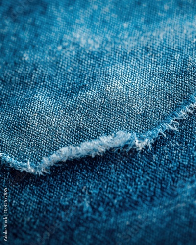 Close-up of distressed blue denim fabric showing frayed edge