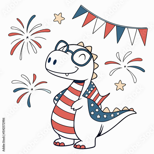 Content Dinosaur with wearing glasses, set in a charming Independence Day (4th of July) theme – Patriotic Spark color vector art