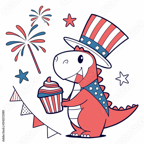 Silly expression on a Dinosaur in a Independence Day (4th of July) theme, with holding a cupcake – Patriotic Spark vector art