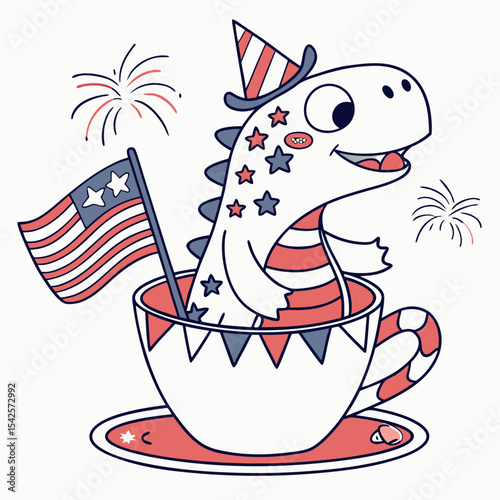 An adorable Dinosaur with a Cheerful vibe, sitting in a teacup ride, and a Patriotic Spark Independence Day (4th of July) theme – SVG style