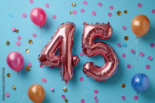 Celebration of 45th birthday with balloons and confetti on blue background
