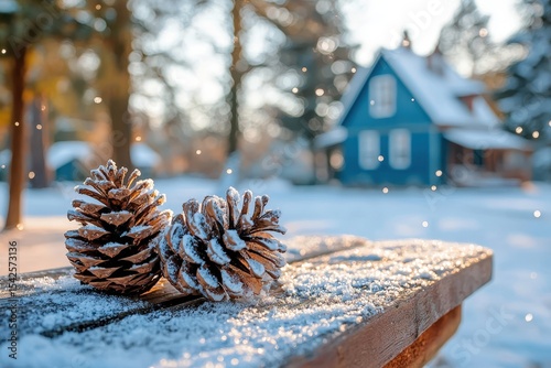 Snow-dusted pinecones on a wooden surface in a winter landscape with cozy blue house in the background