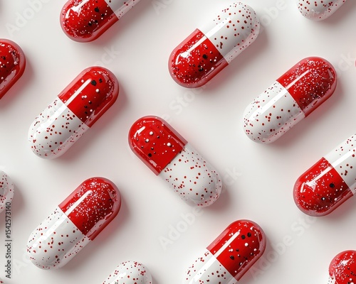 Decorative medicine capsules with red and white paint splatter pattern on white background