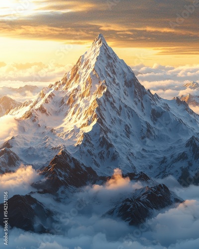 Majestic snow-covered mountain peak at sunrise with clouds beneath