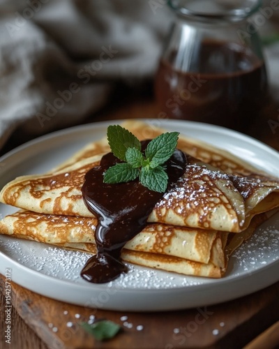 Delicate rolled crepes garnished with chocolate sauce, mint leaves, and powdered sugar on a white plate