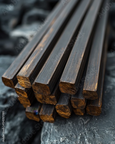 Stacked dark wooden railroad ties or construction beams on a rough surface