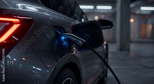Electric car charging with blue light in an underground parking garage at night