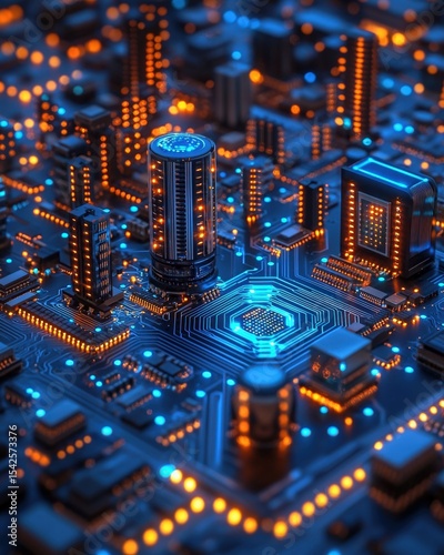 Futuristic computer motherboard with glowing blue and orange lights and integrated circuits