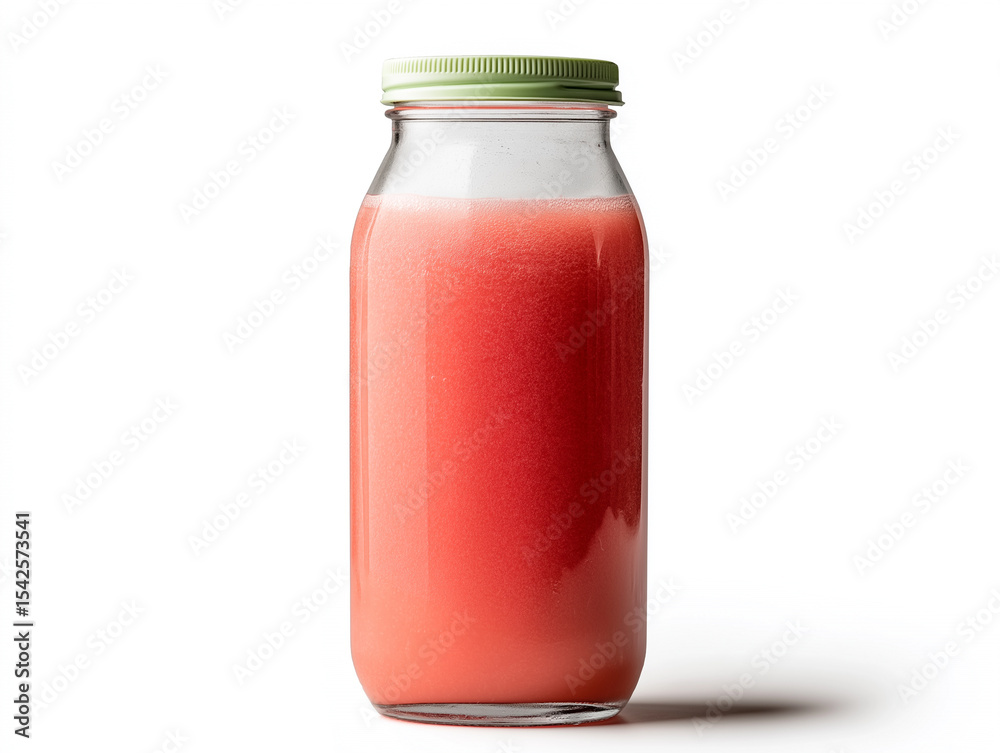 Refreshing pink beverage in a mason jar on a simple white background, highlighting its vibrant color and texture Refreshing pink beverage in a mason jar on a simple white background, highlighting its vibrant color and texture