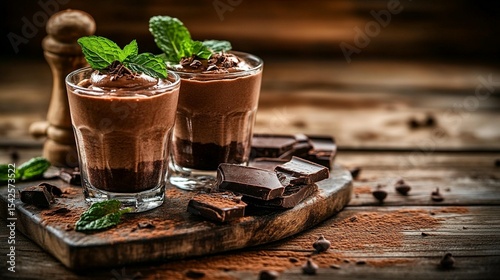 Two glasses of rich, decadent chocolate mousse layered with dark chocolate, topped with whipped cream and fresh mint.  Sprinkled with cocoa powder, and surrounded by chocolate pieces
