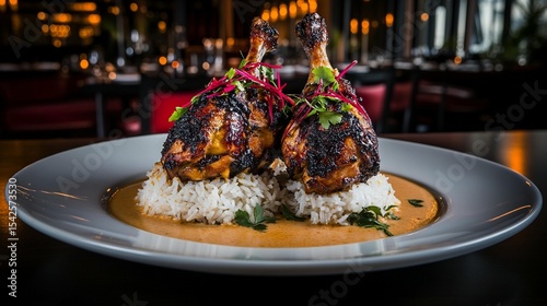 Two grilled chicken drumsticks with a creamy, spiced sauce, topped with a garnish and served over fluffy rice.  Restaurant-style presentation