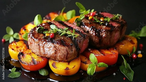 Two grilled steaks, seasoned and rested on a bed of roasted tomatoes and peppers, garnished with herbs