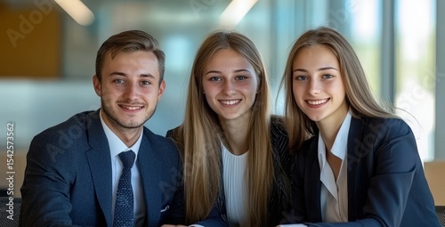 Group of young professionals smiling in a modern office setting