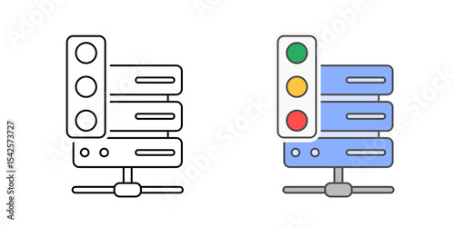SaaS status page icon with a server and traffic light indicators, in outline and color styles, ideal for representing service availability, uptime monitoring, and real-time system status