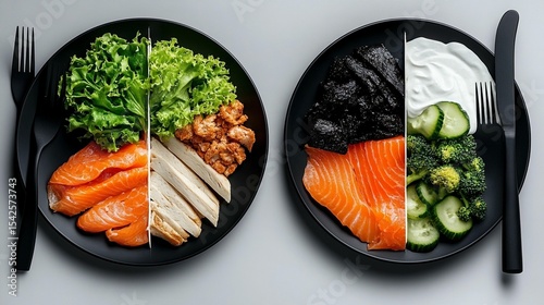 Two black plates divided into sections, showcasing different healthy foods like salmon, chicken, cucumber, broccoli, lettuce, and a creamy sauce