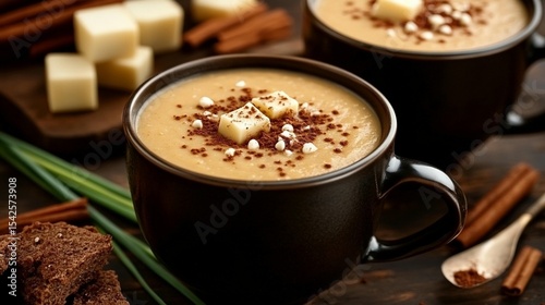 Two mugs of creamy, warm beverage topped with white chocolate squares and cocoa powder.  Cinnamon sticks and chunks of dark chocolate are visible