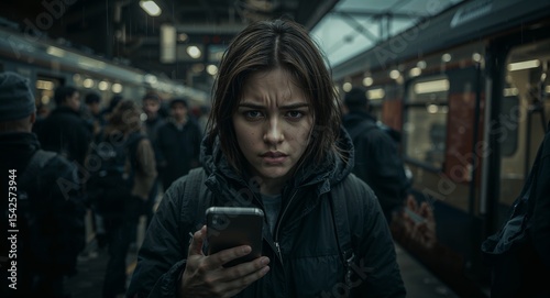 Woman with a concerned expression holding a phone in a crowded subway station looking at camera