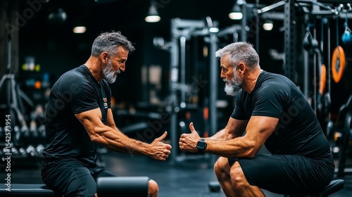 Two older men in a gym, seated, shaking hands, showing support and camaraderie