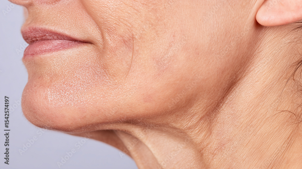Obraz premium Close up of mature skin on lower face and neck showing natural wrinkles and texture with calm expression and soft lighting highlighting skin details