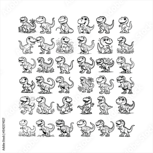 Cute Dinosaurs Coloring Book For Kids Printable. T-Rex Cartoon Character Vector Illustration Colored and Outlined