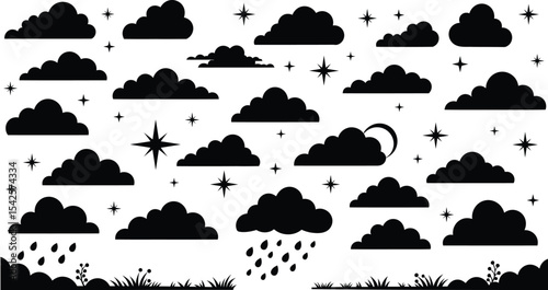 Black and White Cloud and Star Silhouette Illustration with Minimalist Natural Elements