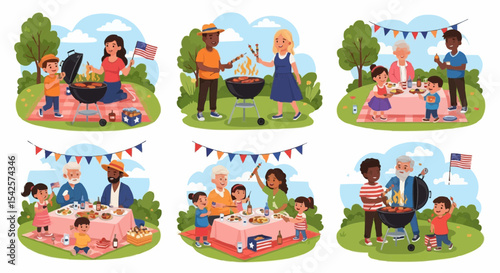 Cartoon vector illustration of children, boys, and girls having fun with their family 