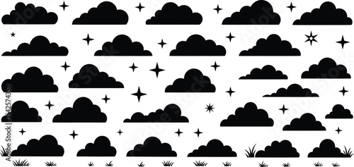 Black and White Cloud and Star Silhouette Illustration with Minimalist Natural Elements