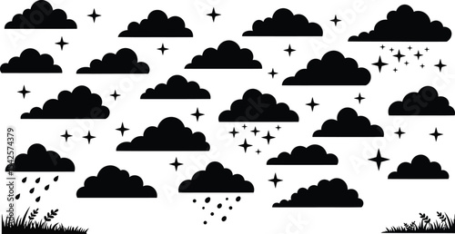 Black and White Cloud and Star Silhouette Illustration with Minimalist Natural Elements