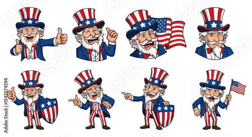 Patriotic cartoon illustration of Uncle Sam for a Fourth of July celebration, featuring the US flag with red, white, and blue stars