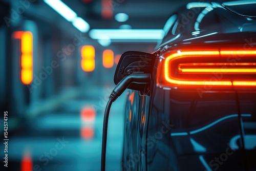 Electric car charging with a plug in futuristic setting, showcasing modern sustainable transportation.