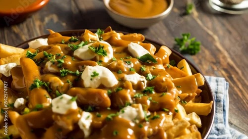 Close-up of a classic poutine dish with golden fries, cheese curds, and rich gravy, garnished with fresh parsley for a savory gourmet experience