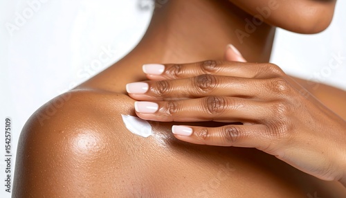 A Black woman with a perfect French manicure gently applies moisturizing cream to her smooth, beautiful shoulder