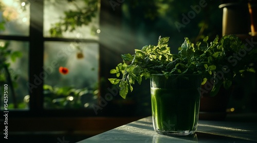 Vibrant green smoothie in a glass, bathed in sunlight streaming through a window.  Fresh herbs and plants