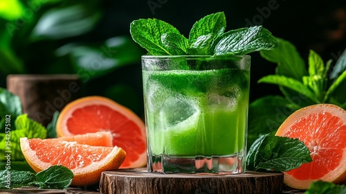 Vibrant green cocktail garnished with fresh mint and grapefruit slices, in a glass filled with ice