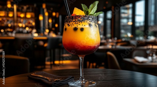 Vibrant layered cocktail in a tall glass, garnished with fruit and herbs, on a dark wooden table in a restaurant
