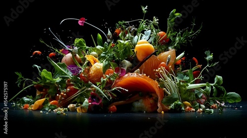 Vibrant medley of fresh produce and seafood, artistically arranged on a dark surface.  A colorful explosion of textures and colors, highlighting a variety of ingredients