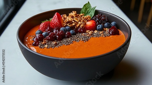 Vibrant smoothie bowl with fresh berries, granola, and seeds