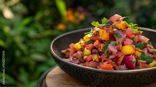 Vibrant tomato and mango salsa in a dark bowl, garnished with fresh herbs