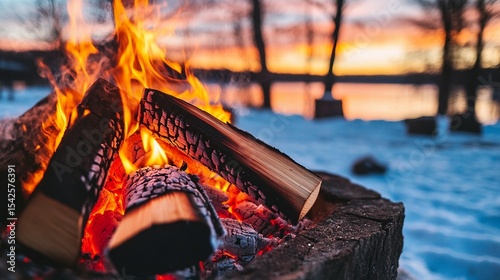 Winter campfire at sunset over snow and water.  Flames dance over logs in a stone fire pit